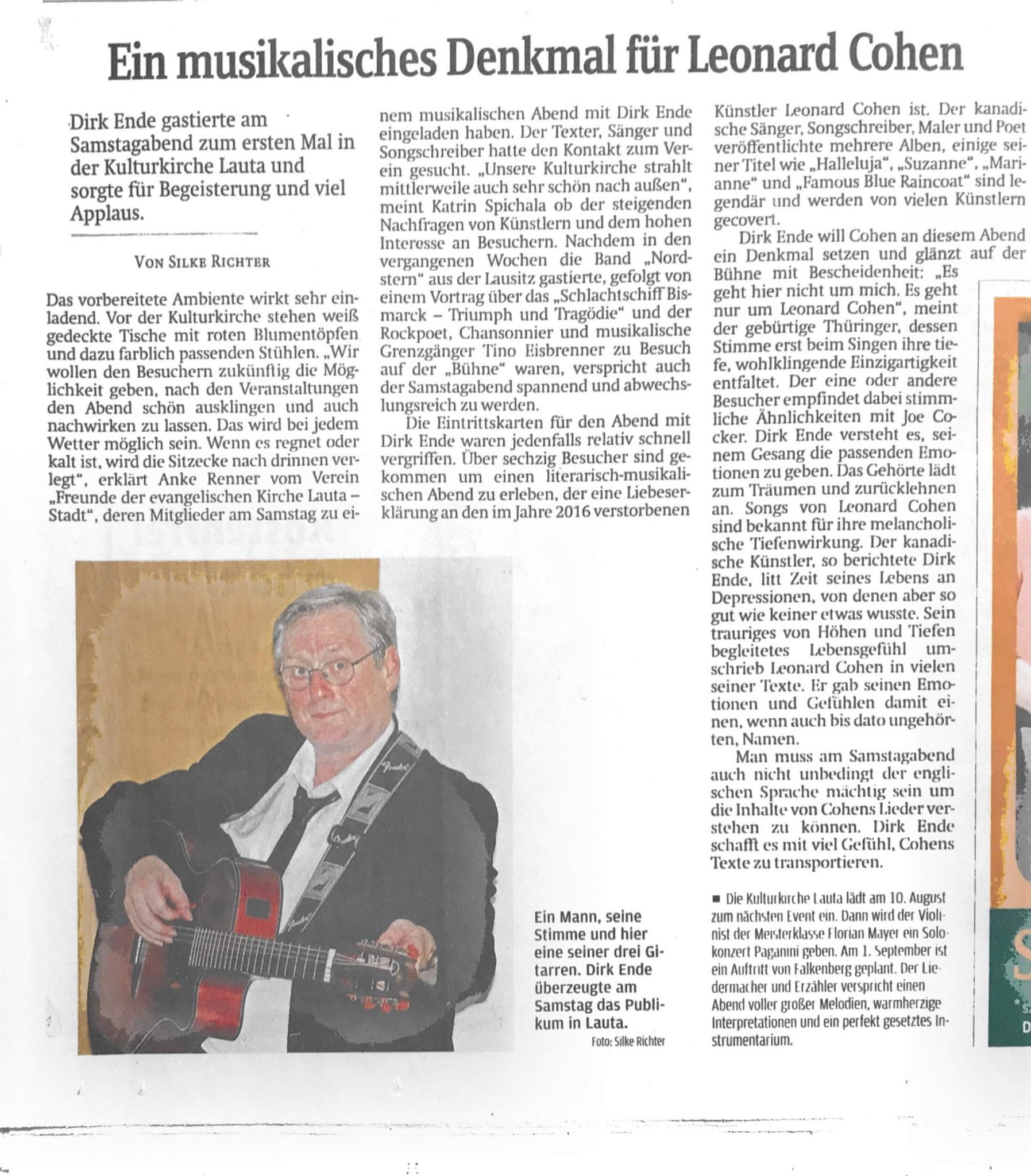 Dirk Ende Zeitungsartikel vom Konzert in Lauta Tribute to Leonard Cohen